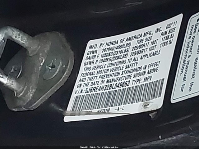 46117488 :رقم المزاد ، 5J6RE4H32BL049663 vin ، 2011 Honda Cr-v Lx مزاد بيع