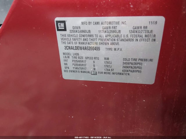 Продажа на аукционе авто 2010 Chevrolet Equinox Lt, vin: 2CNALDEW4A6260499, номер лота: 46117493