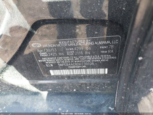 Aukcja sprzedaży 2013 Hyundai Sonata Gls, vin: 5NPEB4AC8DH739108, numer aukcji: 46117494