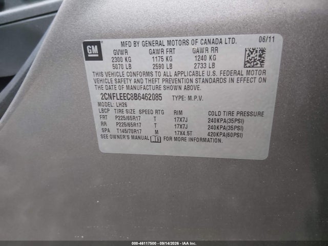 2011 Chevrolet Equinox 1lt მანქანა იყიდება აუქციონზე, vin: 2CNFLEEC8B6462085, აუქციონის ნომერი: 46117500