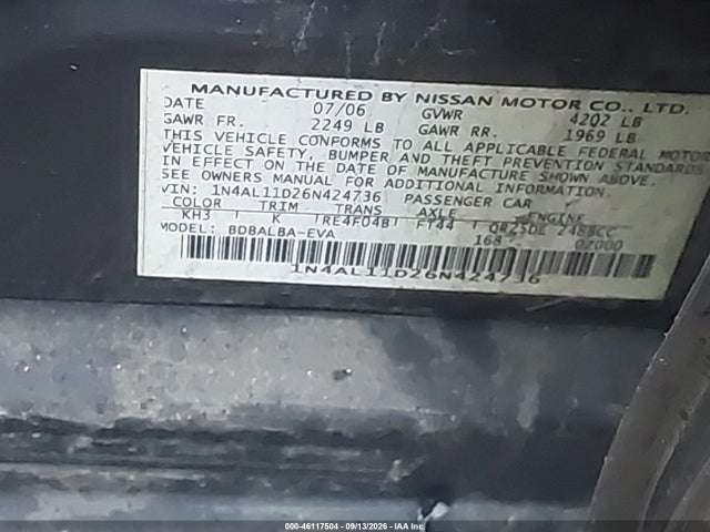 46117504 :رقم المزاد ، 1N4AL11D26N424736 vin ، 2006 Nissan Altima 2.5 S مزاد بيع
