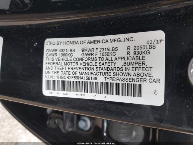 46117513 :رقم المزاد ، 1HGCR2F59HA158166 vin ، 2017 Honda Accord Sport مزاد بيع