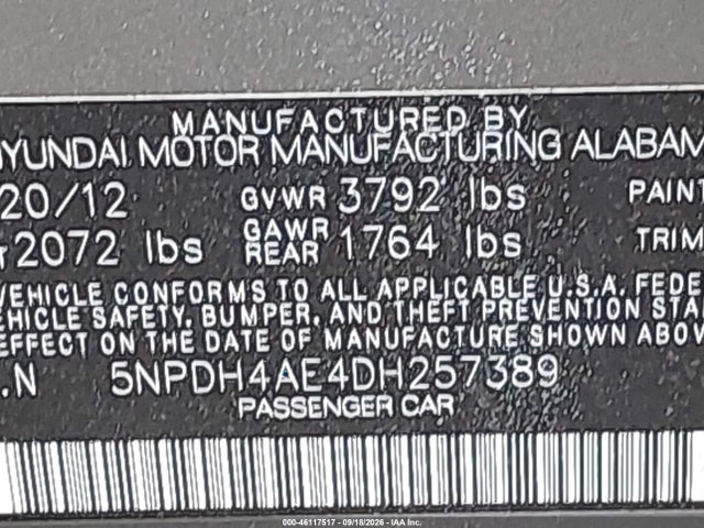 Продаж на аукціоні авто 2013 Hyundai Elantra Gls, vin: 5NPDH4AE4DH257389, номер лоту: 46117517