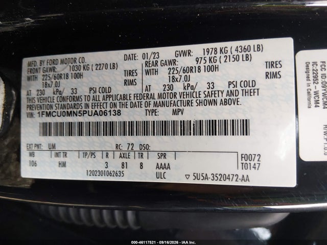 Продажа на аукционе авто 2023 Ford Escape St-line, vin: 1FMCU0MN5PUA06138, номер лота: 46117521