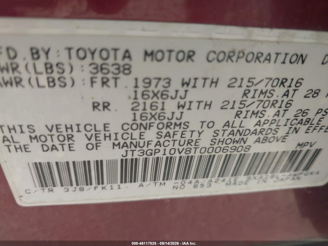 46117525 :رقم المزاد ، JT3GP10V8T0006908 vin ، 1996 Toyota Rav4 مزاد بيع