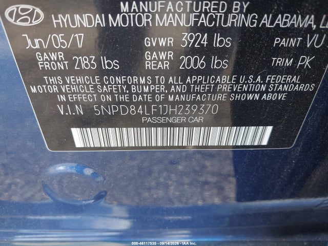 46117535 :رقم المزاد ، 5NPD84LF1JH239370 vin ، 2018 Hyundai Elantra Sel مزاد بيع