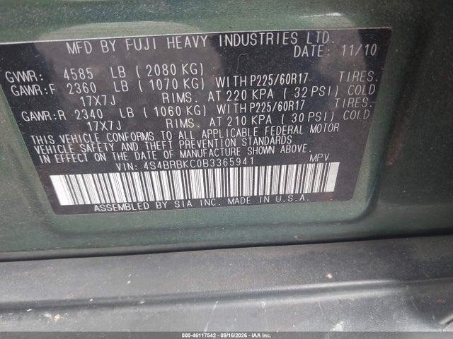 46117542 :رقم المزاد ، 4S4BRBKC0B3365941 vin ، 2011 Subaru Outback 2.5i Limited مزاد بيع