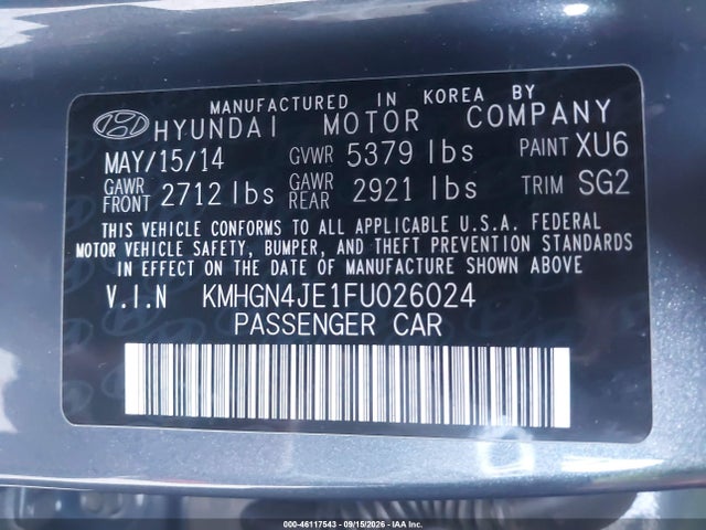 Aukcja sprzedaży 2015 Hyundai Genesis 3.8, vin: KMHGN4JE1FU026024, numer aukcji: 46117543