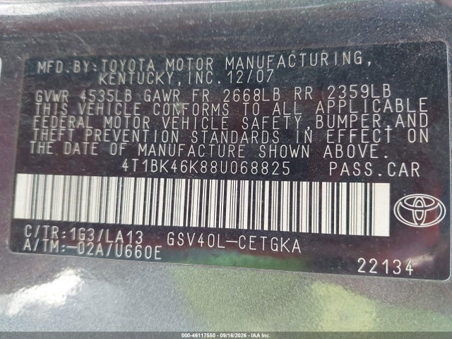 46117550 :رقم المزاد ، 4T1BK46K88U068825 vin ، 2008 Toyota Camry Xle V6 مزاد بيع