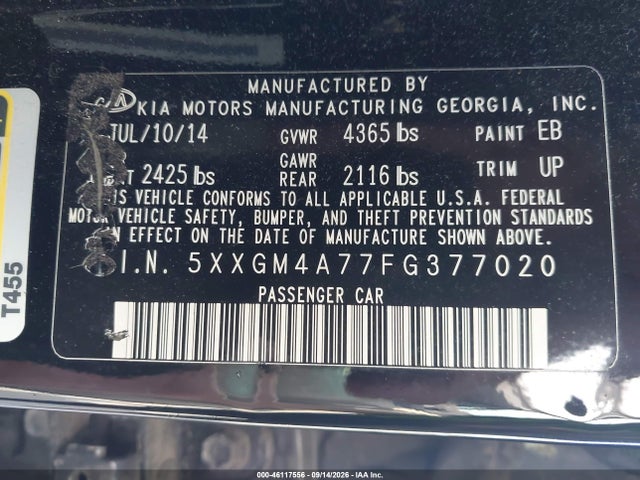 46117556 :رقم المزاد ، 5XXGM4A77FG377020 vin ، 2015 Kia Optima Lx مزاد بيع