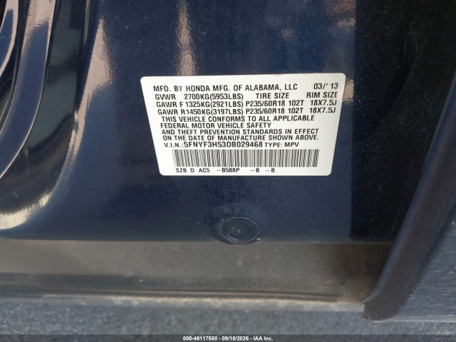 2013 Honda Pilot Ex-l მანქანა იყიდება აუქციონზე, vin: 5FNYF3H53DB029468, აუქციონის ნომერი: 46117580