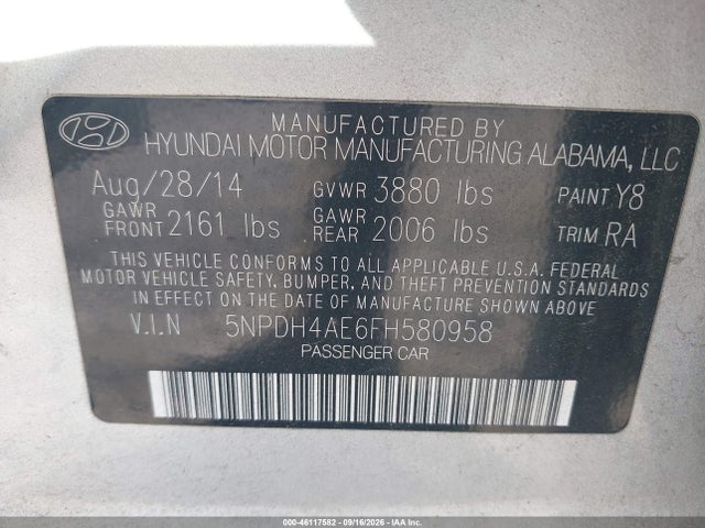Продажа на аукционе авто 2015 Hyundai Elantra Se, vin: 5NPDH4AE6FH580958, номер лота: 46117582