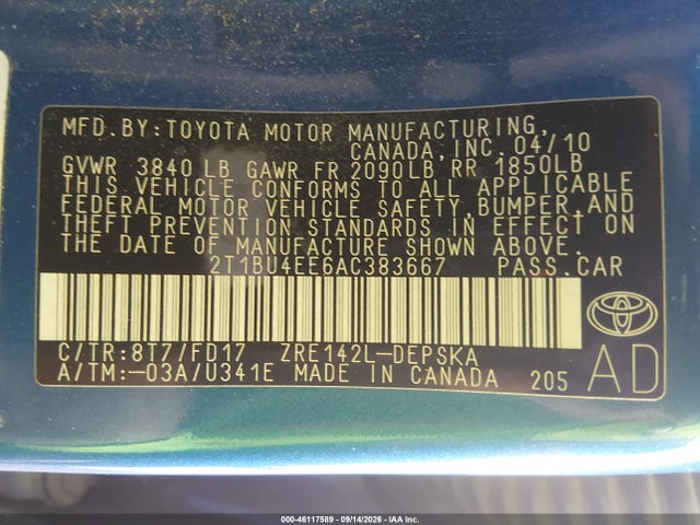 46117589 :رقم المزاد ، 2T1BU4EE6AC383667 vin ، 2010 Toyota Corolla S مزاد بيع