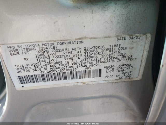 Aukcja sprzedaży 2003 Toyota Rav4, vin: JTEGH20V430109835, numer aukcji: 46117600