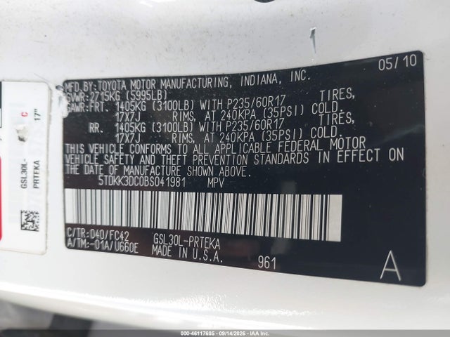 2011 Toyota Sienna Le V6 მანქანა იყიდება აუქციონზე, vin: 5TDKK3DC0BS041981, აუქციონის ნომერი: 46117605