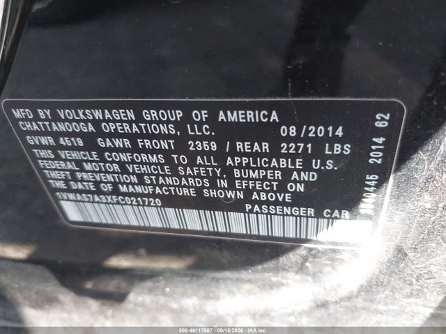 Auction sale of the 2015 Volkswagen Passat 1.8t Wolfsburg Edition, vin: 1VWAS7A3XFC021720, lot number: 46117607