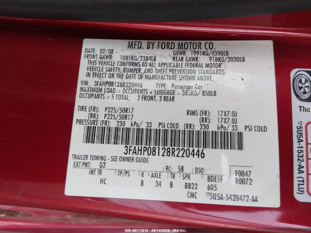 46117618 :رقم المزاد ، 3FAHP08128R220446 vin ، 2008 Ford Fusion Sel مزاد بيع