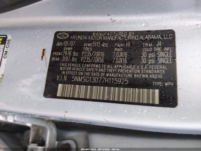 Продажа на аукционе авто 2007 Hyundai Santa Fe Gls, vin: 5NMSG13D77H115925, номер лота: 46117624