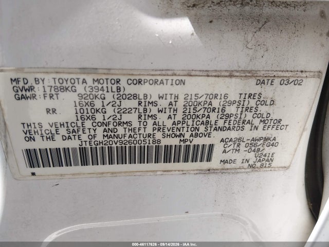 46117626 :رقم المزاد ، JTEGH20V926005188 vin ، 2002 Toyota Rav4 مزاد بيع