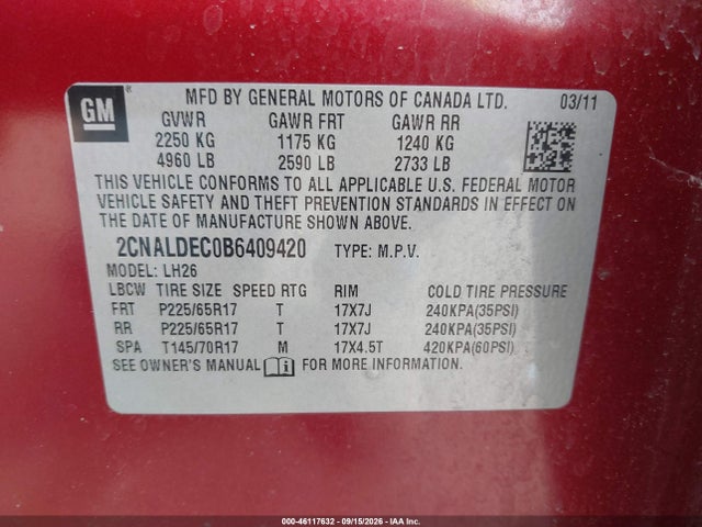 2011 Chevrolet Equinox 1lt მანქანა იყიდება აუქციონზე, vin: 2CNALDEC0B6409420, აუქციონის ნომერი: 46117632