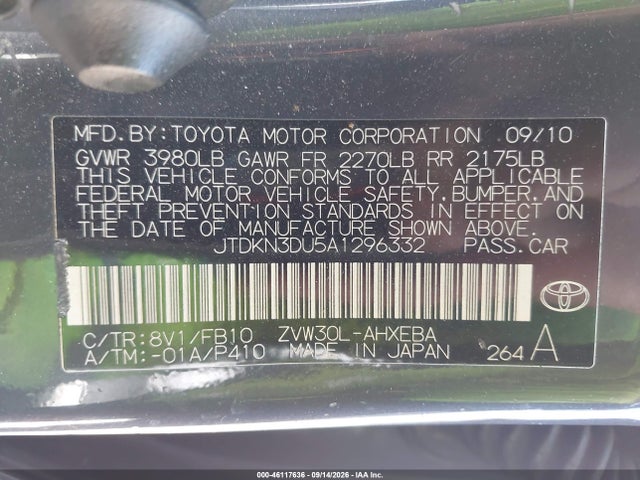 46117636 :رقم المزاد ، JTDKN3DU5A1296332 vin ، 2010 Toyota Prius Iii مزاد بيع