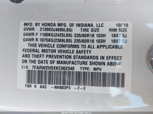 46117639 :رقم المزاد ، 7FARW2H5XKE062340 vin ، 2019 Honda Cr-v Ex مزاد بيع