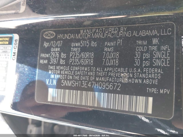 Aukcja sprzedaży 2007 Hyundai Santa Fe Limited/se, vin: 5NMSH13E47H095672, numer aukcji: 46117645