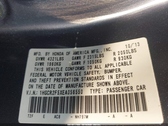 46117655 :رقم المزاد ، 1HGCR2F5XEA056550 vin ، 2014 Honda Accord Sport مزاد بيع