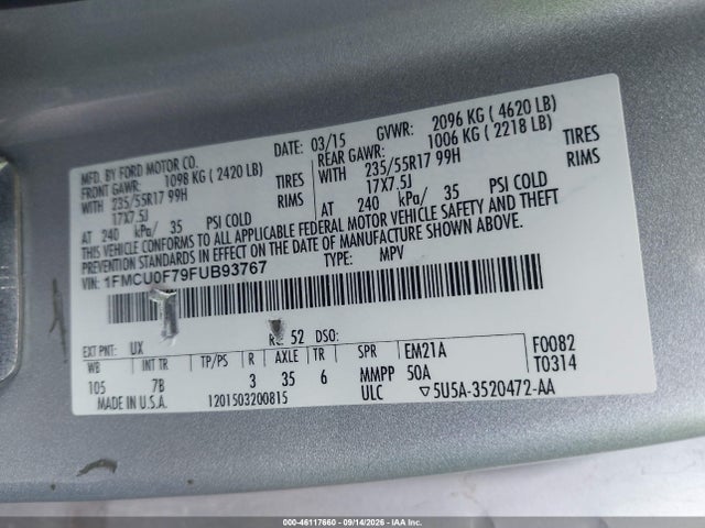 Продажа на аукционе авто 2015 Ford Escape S, vin: 1FMCU0F79FUB93767, номер лота: 46117660