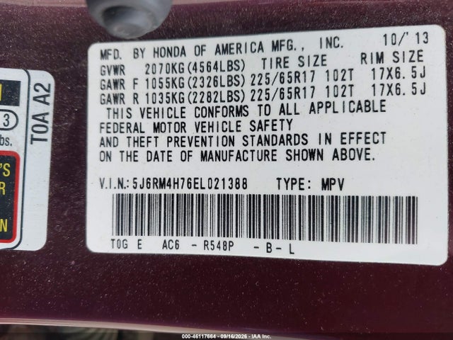 2014 Honda Cr-v Ex-l მანქანა იყიდება აუქციონზე, vin: 5J6RM4H76EL021388, აუქციონის ნომერი: 46117664