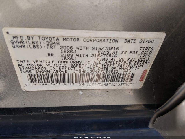 2000 Toyota Rav4 მანქანა იყიდება აუქციონზე, vin: JT3HP10V4Y7164682, აუქციონის ნომერი: 46117665
