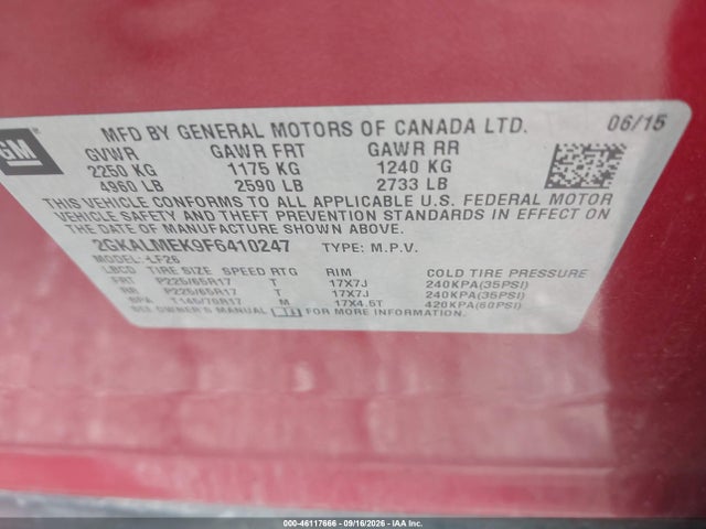 Aukcja sprzedaży 2015 Gmc Terrain Sle-1, vin: 2GKALMEK9F6410247, numer aukcji: 46117666