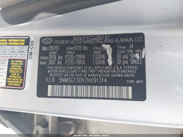 46117669 :رقم المزاد ، 5NMSG13DX7H091314 vin ، 2007 Hyundai Santa Fe Gls مزاد بيع