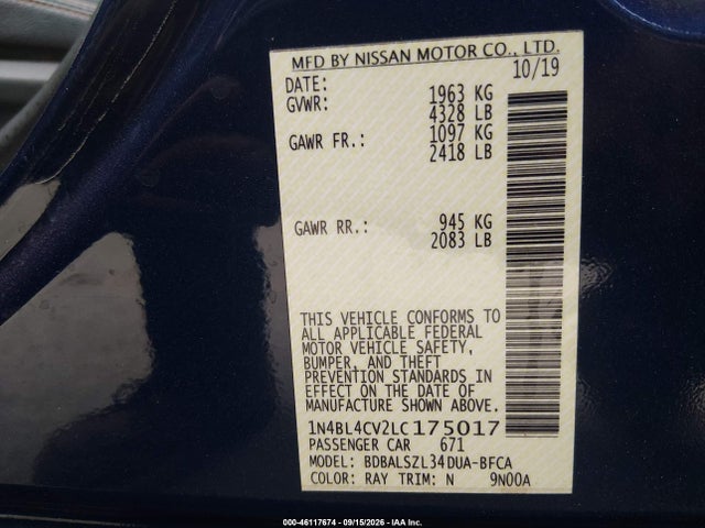 46117674 :رقم المزاد ، 1N4BL4CV2LC175017 vin ، 2020 Nissan Altima Sr Fwd مزاد بيع