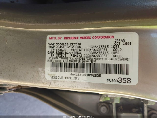 46117678 :رقم المزاد ، JA4LS31H2XP026351 vin ، 1999 Mitsubishi Montero Sport Ls/xls مزاد بيع