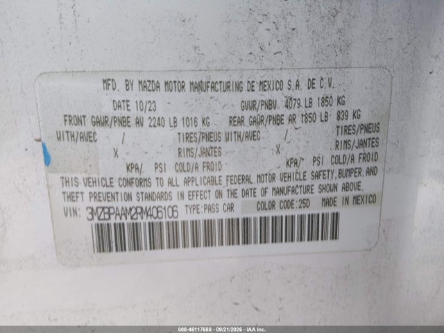 Продажа на аукционе авто 2024 Mazda Mazda3, vin: 3MZBPAAM2RM406106, номер лота: 46117688