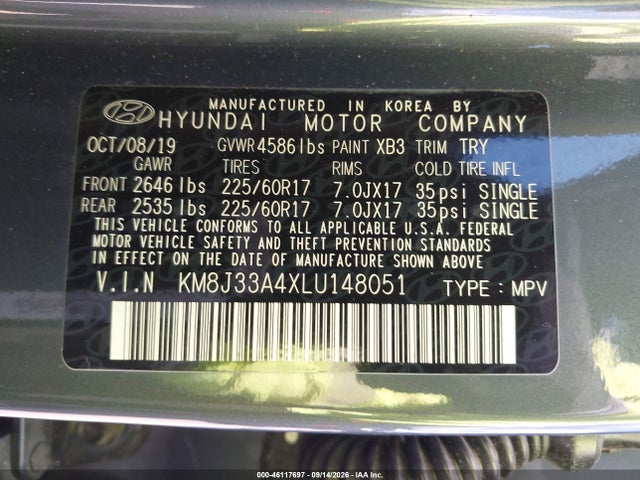 46117697 :رقم المزاد ، KM8J33A4XLU148051 vin ، 2020 Hyundai Tucson Value مزاد بيع