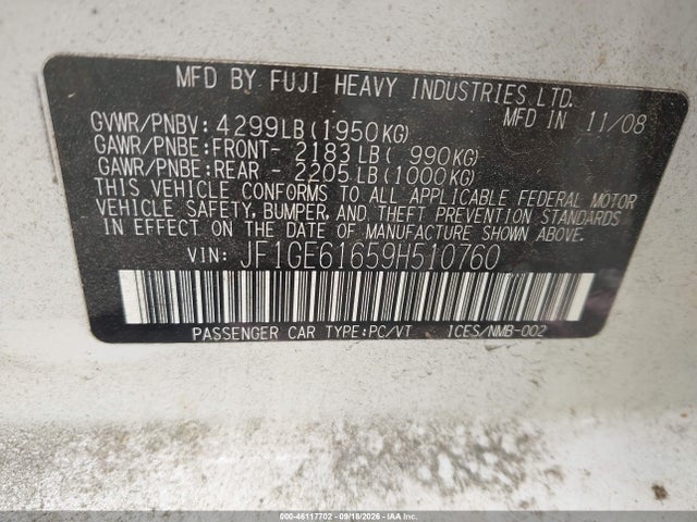 46117702 :رقم المزاد ، JF1GE61659H510760 vin ، 2009 Subaru Impreza 2.5i مزاد بيع