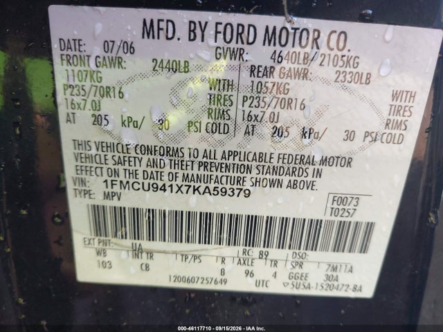 46117710 :رقم المزاد ، 1FMCU941X7KA59379 vin ، 2007 Ford Escape Limited مزاد بيع