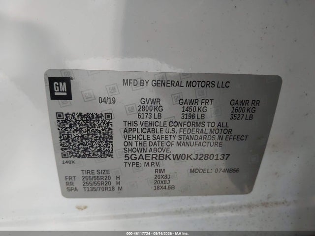 2019 Buick Enclave Fwd Essence მანქანა იყიდება აუქციონზე, vin: 5GAERBKW0KJ280137, აუქციონის ნომერი: 46117724