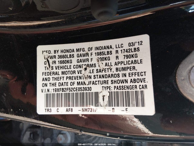 46117725 :رقم المزاد ، 19XFB2F52CE053930 vin ، 2012 Honda Civic Lx مزاد بيع