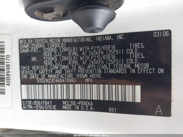 46117733 :رقم المزاد ، 5TDZA23C46S470883 vin ، 2006 Toyota Sienna Ce مزاد بيع