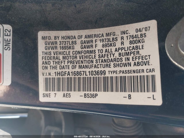 46117734 :رقم المزاد ، 1HGFA16867L103699 vin ، 2007 Honda Civic Ex مزاد بيع