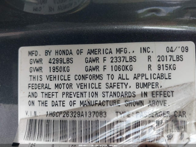 46117736 :رقم المزاد ، 1HGCP26329A137083 vin ، 2009 Honda Accord 2.4 Lx مزاد بيع