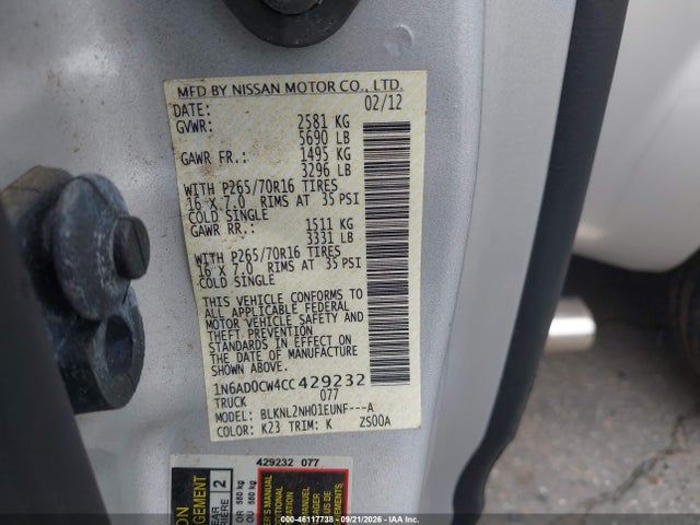Продаж на аукціоні авто 2012 Nissan Frontier Sv, vin: 1N6AD0CW4CC429232, номер лоту: 46117738