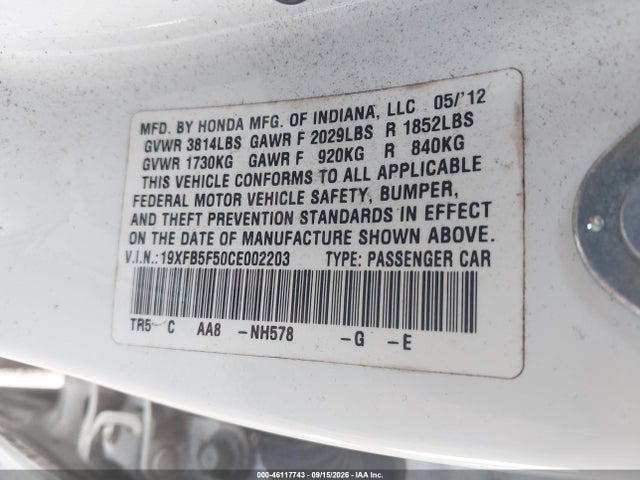 Aukcja sprzedaży 2012 Honda Civic Natural Gas, vin: 19XFB5F50CE002203, numer aukcji: 46117743