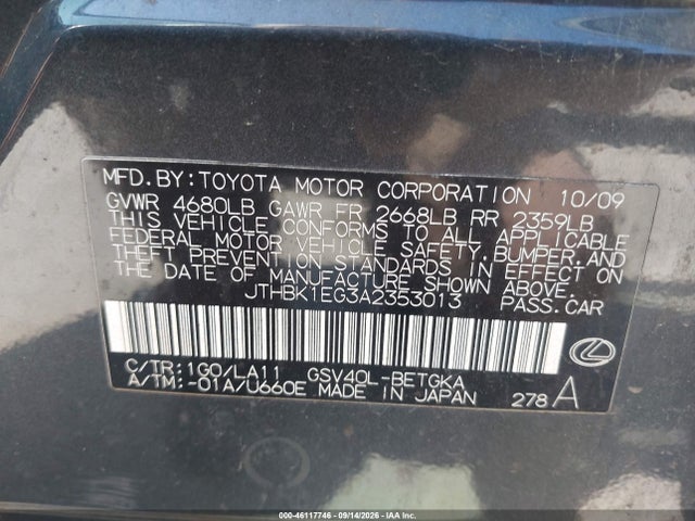 46117746 :رقم المزاد ، JTHBK1EG3A2353013 vin ، 2010 Lexus Es 350 مزاد بيع