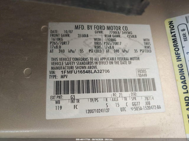 46117754 :رقم المزاد ، 1FMFU16548LA32706 vin ، 2008 Ford Expedition Xlt مزاد بيع