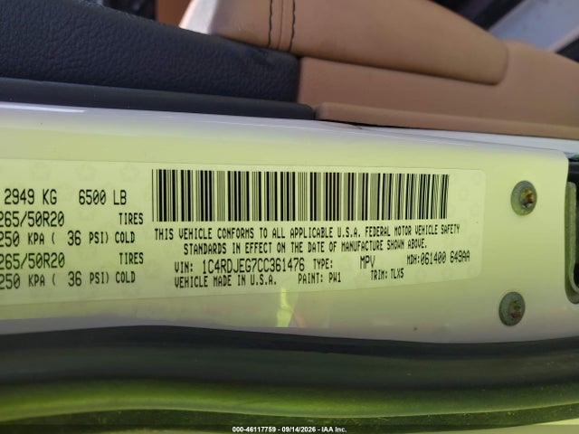 Продаж на аукціоні авто 2012 Dodge Durango Citadel, vin: 1C4RDJEG7CC361476, номер лоту: 46117759