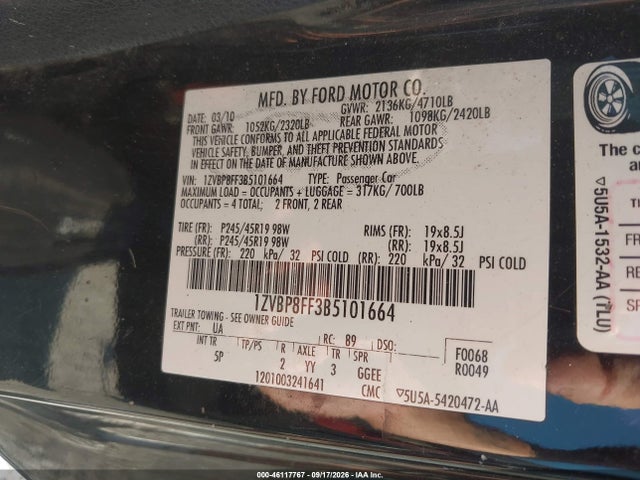 Aukcja sprzedaży 2011 Ford Mustang Gt Premium, vin: 1ZVBP8FF3B5101664, numer aukcji: 46117767